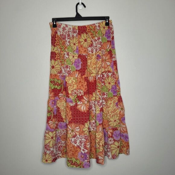 Vintage y2k 90s red orange groovy hippie flower print pull on maxi full skirt L - Picture 3 of 6